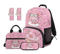 SEANATIVE Axolotl Kids Backpack Set 5 Pcs Sweet 17 Inch Waterproof School Bag Set for Girls 9-12 Years Old Bookbag with Lunch Box, Pencil Case & 2 Bookmarks
