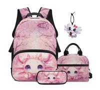SEANATIVE Axolotl Kids Backpack Set for Girls 9-12 Years Old, 17 Inch 4 Pcs School Bag with Lunch Box, Pencil Case & Cute Pendant for Middle School