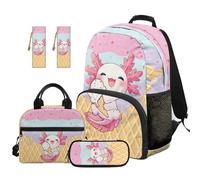 SEANATIVE Axolotl Kids Backpack Set for Girls 9-12 Years Old Ice Cream Backpack and Lunch Box 5 Pcs Set 17 Inch Lightweight Bookbag Set with Pencil Case & 2 Bookmarks for Elementary School