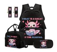 SEANATIVE Axolotl Kids Backpack with Lunch Bag Cartoon Backpack 5 Pcs Set 17 Inch Lightweight Bookbag Set with Pencil Case & 2 Bookmarks for Girls 9-12 Elementary
