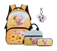 SEANATIVE Axolotl Kids Backpack with Lunch Bag, Sunflower Backpack 4 Piece Set Large Capacity 17 Inch School Bag Set with Pencil Case & Pendant for Girls 9-12 Gift for Daughter