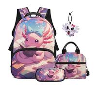 SEANATIVE Axolotl Kids School Backpack with Lunch Bag, Bow Backpack 4 Pcs Set Durable 17 Inch Bookbag Set with Pencil Case & Pendant for 9-12 Years Old Girls