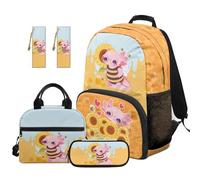 SEANATIVE Axolotl Kids School Backpack with Lunch Bag, Sunflower Backpack 5 Pcs Set Durable 17 Inch Bookbag Set with Pencil Case & 2 Bookmarks for 9-12 Years Old Girls