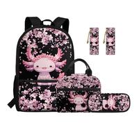 SEANATIVE Axolotl Kids School Bag 5 Pcs Set for Girls 17 Inch Cute Lightweight Kids Backpack for 9-12 Years Old Breathable School Backpack with Lunch Bag, Pencil Case and Bookmarks