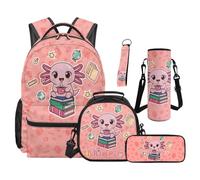 SEANATIVE Axolotl Print Backpack Set of 5 Cartoon 17 Inch Soft Backpack with Lunch Bag Pencil Pouch for 9-12 Years Old Elementary to Middle School Gift for Sister