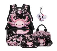 SEANATIVE Axolotl School Backpack Set for Kids 9-12: Cherry Blossom 4 Pcs Bookbag with Lunch Box, Pencil Case and Axolotl Pendant - Stylish & Water Resistant