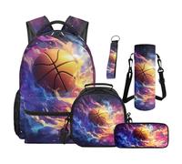 SEANATIVE Basketball Backpack Set of 5 Fire Print 17 Inch Lightweight Backpack with Lunch Bag Pencil Pouch for 9-12 Years Old Elementary to Middle School Cool Boys Bookbag