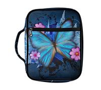 SEANATIVE Bible Covers for Women Blue Butterfly Flower Print Polyester Bible Tote Bag Book Carrying Case with Pockets Zipper Church Bag