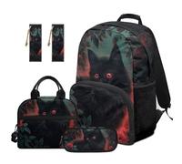 SEANATIVE Black Cat 17 Inch Backpack Set for Kids 9-12 Years Old Gothic Backpack with Lunch Box 5 Pcs Set Durable School Bag with Pencil Case & 2 Bookmarks for Middle School