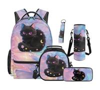 SEANATIVE Black Cat Backpack Set of 5 Fashion 17 Inch Soft Backpack with Lunch Bag Pencil Pouch for 9-12 Years Old Elementary to Middle School Waterproof Bookbag Set