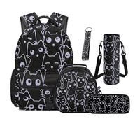 SEANATIVE Black Cat Girls Backpack Set 5 Pcs Cartoon 17 Inch Soft Backpack with Lunch Bag Pencil Pouch for 9-12 Years Old Elementary to Middle School Unisex Bookbag Set