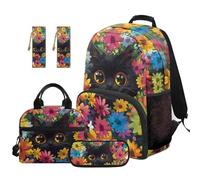 SEANATIVE Black Cat Kids Backpack Set for Girls 9-12 Years Old, Cute Backpack and Lunch Box 5 Pcs Set Breathable 17 Inch Bookbag Set with Pencil Case & 2 Bookmarks for Elementary School
