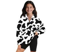 SEANATIVE Black Cow Sweatshirts for Teen Girls Pullover Hoodies 1/4 Zip Hooded Collared Neck Long Sleeve Child Oversized Sweaters Fall Active Youth Sweat Shirts