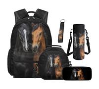 SEANATIVE Black Horse Backpack Set 5 Piece Cool 17 Inch Waterproof Bookbag with Insulated Lunch Bag Pencil Case for 9-12 Years Old Teens Elementary to Middle School