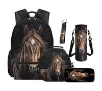 SEANATIVE Black Horse Backpack Set 5 Piece Realistic 17 Inch Waterproof Backpack with Insulated Lunch Box Pencil Pouch for Teens Elementary Middle School