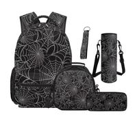 SEANATIVE Black Spider Web Backpack Set of 5 Cool 17 Inch Durable-Free Backpack with Lunch Bag Pencil Case for 9-12 Years Old Kids Elementary to Middle School