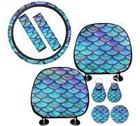 SEANATIVE Blue Mermaid Car Accessories Set,Car Steering Wheel Cover,2pc Car Cup Holder Coaster,2 Pieces Keyring,2pc Headrest Cover,2pc Seat Safety Belt Cover Pad,Full Set of 9