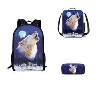 SEANATIVE Blue Wolf School Bag for Kids Boys Snow Moon Backpack 3Pcs Lightweight Bookbag with Lunch Box and Pencil Bag Middle School 17 Inch Book Bag for Child