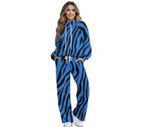 SEANATIVE Blue Zebra Stripes Womens 2 Piece Outfits Fall Sweatsuits Oversized Mock Neck Hoodie Wide Leg Sweatpants with Pockets Travel Tracksuit Lounge Sets Drawstring Activewear Plus Size