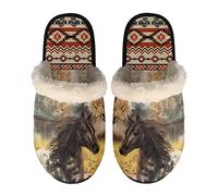 SEANATIVE Breathable Warm Slipper for Women Men Soft Plush Indoor House Slipper Non-slip Bedroom Shoes, Aztec Tribal Horse Painting Design