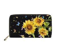 SEANATIVE Bright Sunflower Print Women Credit Card Wallet with Zipper Coin Pocket Butterfly Design PU Leather Large Travel Long Purse for Ladies