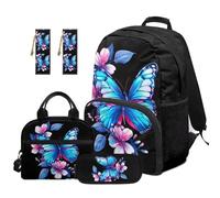 SEANATIVE Butterfly Backpack Set for 9-12 Years Old 5 Pcs Flower Print 17 Inch Lightweight Bookbag with Insulated Lunch Bag Pencil Case for Elementary School Gift for Daughter