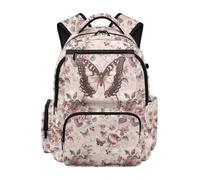 SEANATIVE Butterfly Kids School Backpack for Girls 17 Inch Lightweight Floral School Bag Breathable Elementary Backpack with Padded Laptop Sleeve & Multi-Pockets for 9-12 Years Old