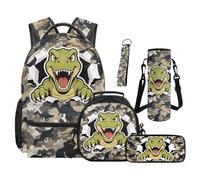 SEANATIVE Cammo Hunting Backpack Set 5 Pcs Dinosaur Print 17 Inch Water Resistant Bookbag with Insulated Lunch Bag Pencil Case for Boys Elementary Primary