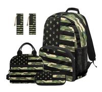 SEANATIVE Camo Kids School Backpack with Lunch Bag American Flag Backpack 5 Pcs Set Durable 17 Inch Bookbag Set with Pencil Case & 2 Bookmarks for 9-12 Years Old Boys