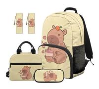 SEANATIVE Capybara Backpack Set 5 Pcs Cute 17 Inch Large Capacity Backpack with Lunch Bag Pencil Case for 9-12 Years Old Teens Elementary to Middle School
