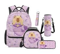 SEANATIVE Capybara Backpack Set 5 Pcs Kawaii 17 Inch Waterproof Backpack with Lunch Bag Pencil Pouch for 9-12 Years Old Middle School Cute Kids School Bags