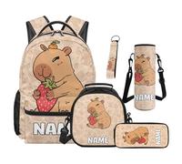 SEANATIVE Capybara Backpack Set of 5 Strawberry 17 Inch Soft Backpack with Lunch Bag Pencil Pouch for 9-12 Years Old Elementary to Middle School Cartoon Bookbag Set