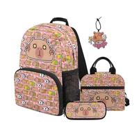 SEANATIVE Capybara Kids Backpack with Lunch Bag, Cute Backpack 4 Pcs Set 17 Inch Lightweight Bookbag Set with Pencil Case & Pendant for Girls 9-12 Elementary