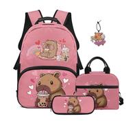 SEANATIVE Capybara Kids Backpack with Lunch Bag, Cute Backpack 4 Pcs Set 17 Inch Lightweight Bookbag Set with Pencil Case & Pendant for Girls 9-12 Elementary