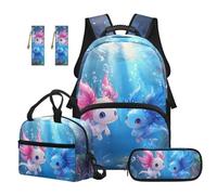 SEANATIVE Cartoon Backpack Set 5 Pcs Axolotl 17 Inch Water Resistant Backpack with Lunch Bag Pencil Case for 9-12 Years Old Elementary to Middle School Cute Bookbag Set