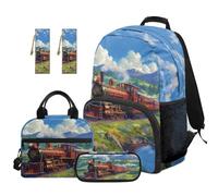 SEANATIVE Cartoon Backpack Set of 5 Train 17 Inch Lightweight Backpack with Lunch Bag Pencil Pouch for 9-12 Years Old Kids Elementary to Middle School