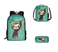 SEANATIVE Cartoon Sloth Backpack 3Pcs Green Flower Schoolbag with Lunch Box and Pencil Bag Lightweight School Bag Primary School Book Bag for Teen Girls, 17 Inch