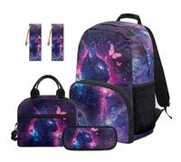 SEANATIVE Cat Kids Backpack Set 5 Pcs, 17 Inch Waterproof School Bag Set for Girls 9-12 Years Old Purple Starry Print Bookbag with Lunch Box, Pencil Case & 2 Bookmarks