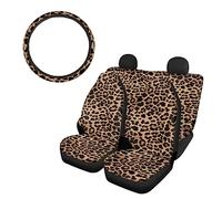 SEANATIVE Cheetah Leopard Print 5 Pcs Car Seat Cover Full Set Fashion Front & Rear Bucket Seat Protector with Anti-slip Steering Wheel Cover Set for Women Men