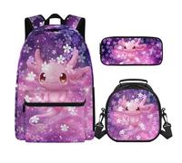 SEANATIVE Cherry Blossom Axolotl Backpack Schoolbag for Girls Kids 3 Pcs Large Tops Thermal Insulted Lunch Box and Pencil Case Daypack with Zipper Portable Rucksack School Book Bag Set