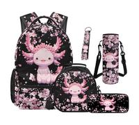 SEANATIVE Cherry Blossom Backpack Set of 5 Axolotl 17 Inch Soft Backpack with Lunch Bag Pencil Pouch for 9-12 Years Old Elementary to Middle School Cartoon Bookbag Set