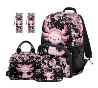 SEANATIVE Cherry Blossom Black Backpack Set 5 Pcs Axolotl 17 Inch Waterproof Backpack with Lunch Bag Pencil Pouch for 9-12 Years Old Middle School Cute Kids School Bags