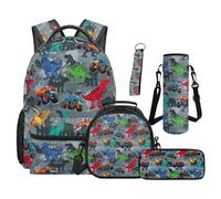 SEANATIVE Cool Grey Dinosaur Truck Kids Backpack Set 5 Piece Monster Truck Print 17 Inch Water Resistant Backpack with Lunch Bag Pencil Case for 9-12 Years Old Elementary Cool Kids Bookbag