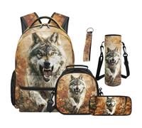 SEANATIVE Cool Wolf Backpack Set of 5 Forest Print 17 Inch Soft Backpack with Lunch Bag Pencil Case for 9-12 Years Old Elementary to Middle School Gift for Brother