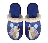 SEANATIVE Cool Wolf Moon Print Warm Fuzzy Slippers with Soft Plush Lined for Women Men Girls Kids Lightweight Indoor House Slippers