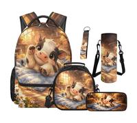 SEANATIVE Cow Print Backpack Set of 5 Cartoon 17 Inch Soft Backpack with Lunch Bag Pencil Pouch for 9-12 Years Old Elementary to Middle School Soft Bookbag Set