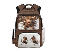 SEANATIVE Custom Backpack for Girls, 17 Inch Funny Highland Cow Print School Bag for Elementary Ages 9-12, Cute Backpack with 600D Breathable & Multi-Pockets