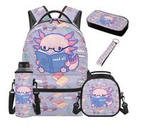 SEANATIVE Cute Axolotl Kids Backpack Set for Girls 5 Pcs Cartoon 17 Inch Lightweight Backpack with Lunch Box Pencil Case for 9-12 Years Old Elementary to Middle School Bags Set with Adjustable Straps