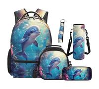 SEANATIVE Cute Backpack Set 5 Pcs Ocean Print 17 Inch Dolphin Backpack with Lunch Bag Pencil Case for 9-12 Years Old Elementary to Middle School Cartoon Bookbag