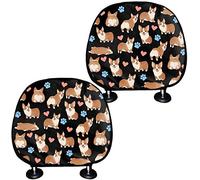 SEANATIVE Cute Cartoon Corgi Print Black Headrest Covers for Most Vehicle Interior Headrest Protector Cushion Cover,Universal Fit